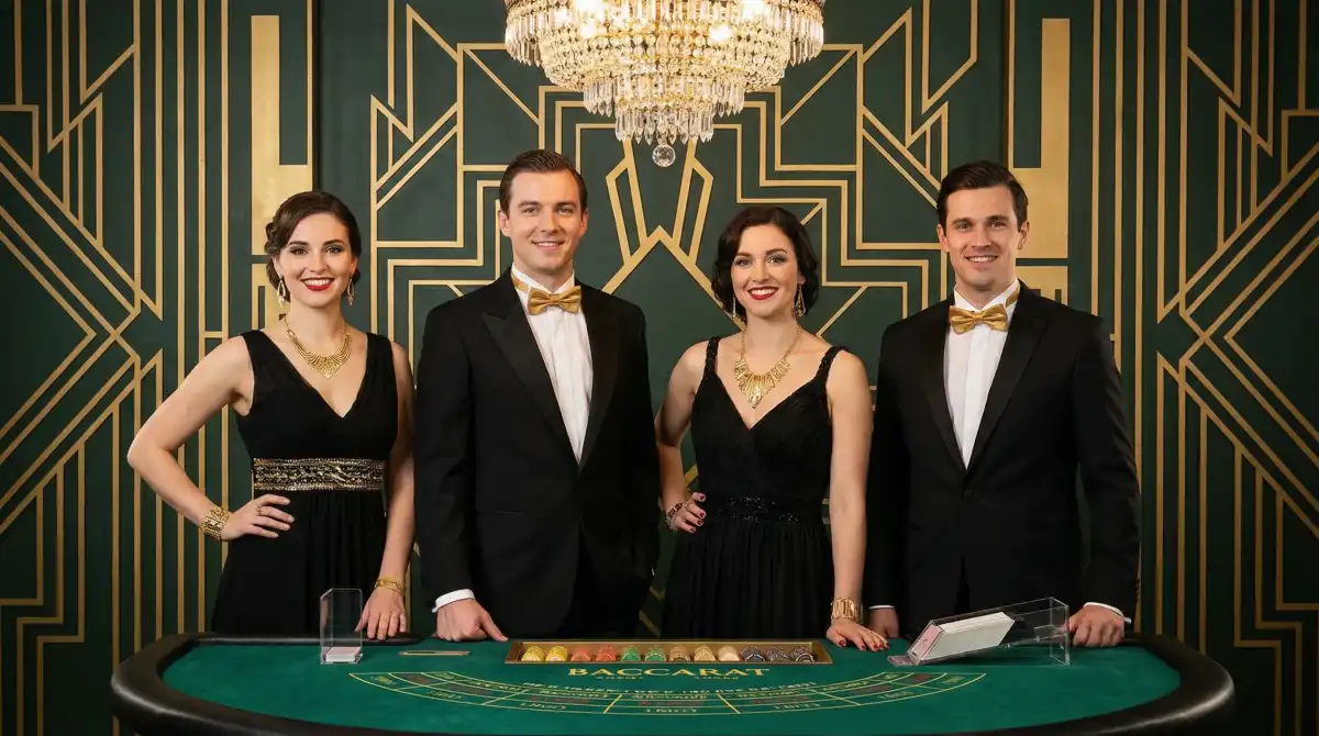 专业荷官团队在百家乐赌桌前合影